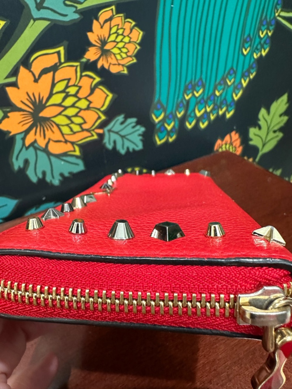 Christian Louboutin Red Studded Zip Around Wallet Leather Spike Star Continental - Picture 9 of 14